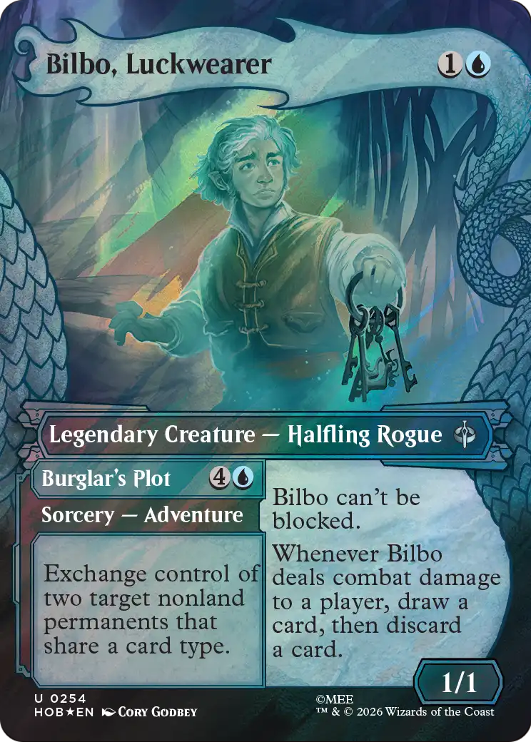 Bilbo, Luckwearer // Burglar's Plot (0254) (Borderless) (Dragon Hoard Frame) (HOB) - Surge Foil