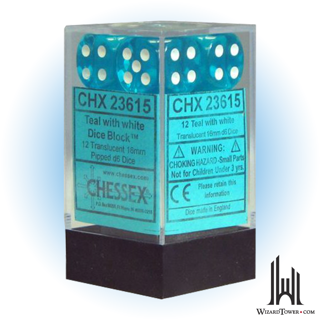 Dice Set - Translucent Teal / White 16mm d6 12ct