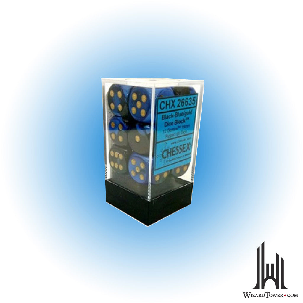 Dice Set - Gemini Black-Blue / Gold 16mm d6 12ct