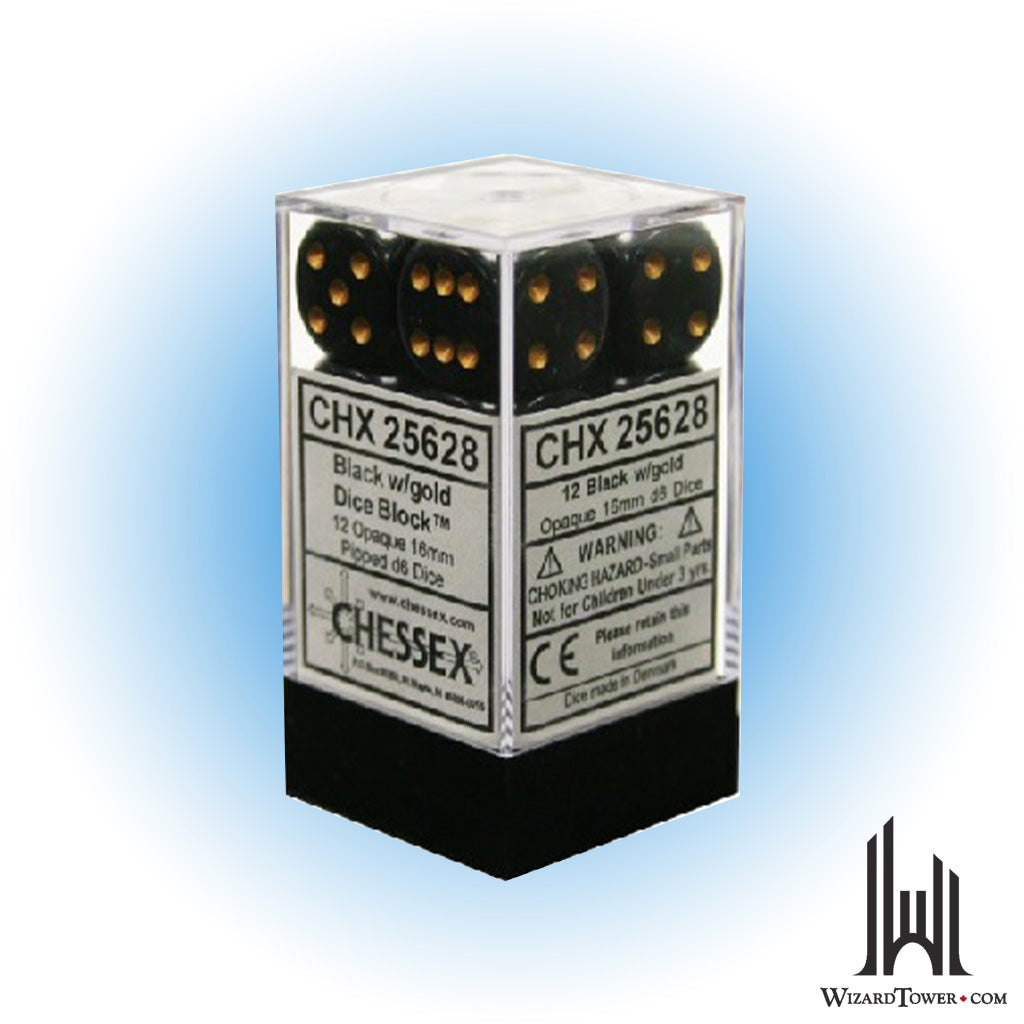 Dice Set - Opaque Black / Gold 16mm d16 2ct