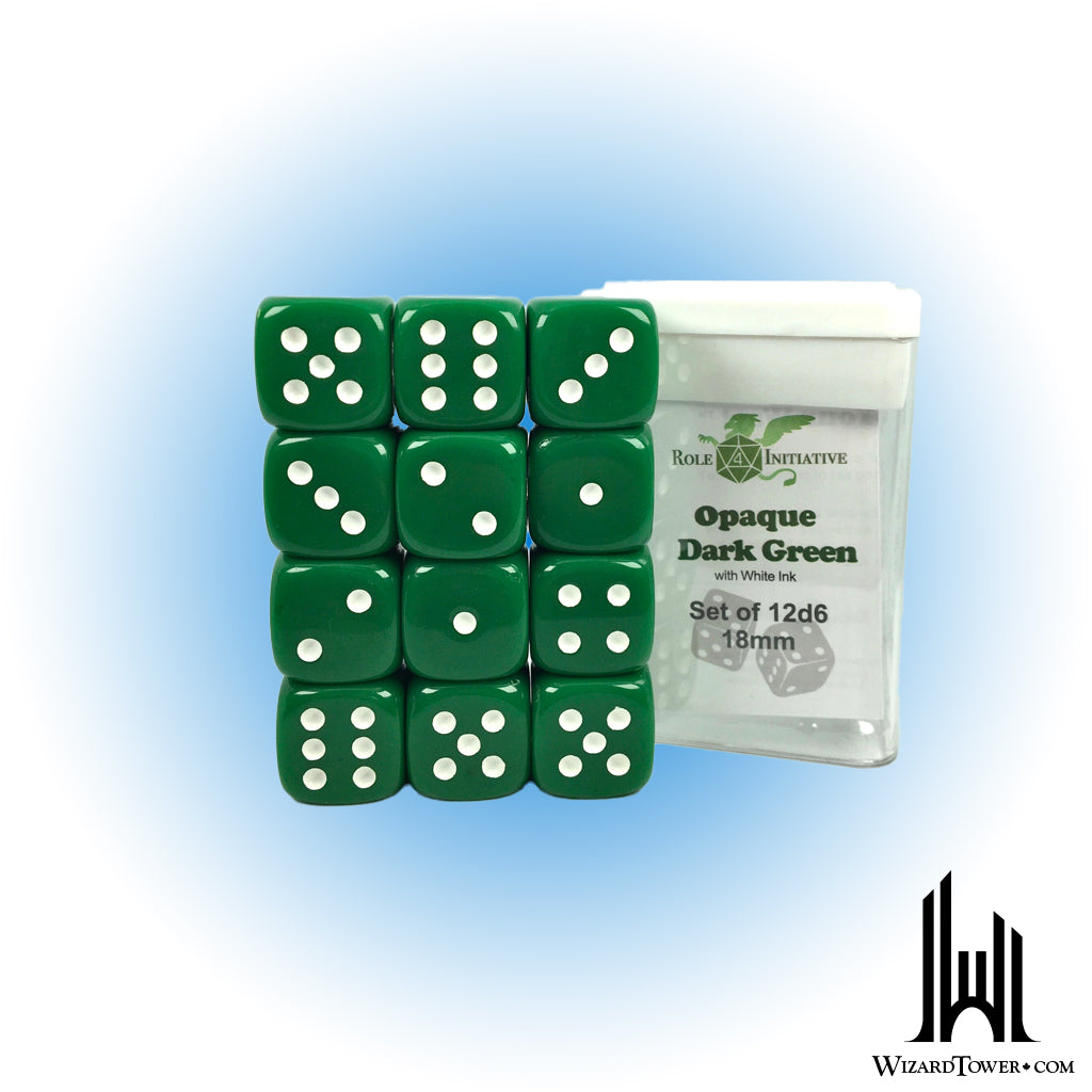 Dice Set - Opaque Green / White 18mm d6 12ct