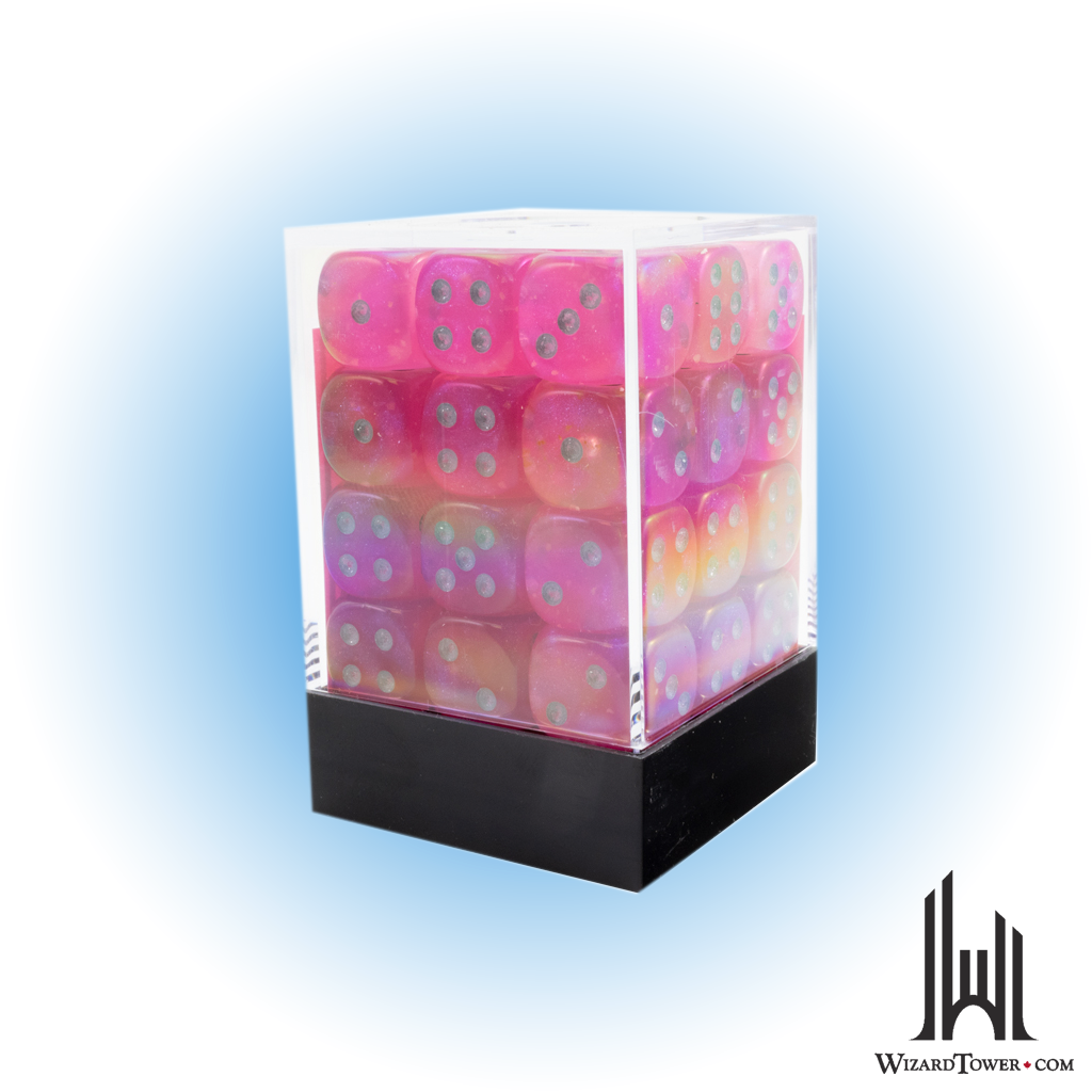 Dice Set - Borealis Pink / Silver Luminary 12mm d6 36ct