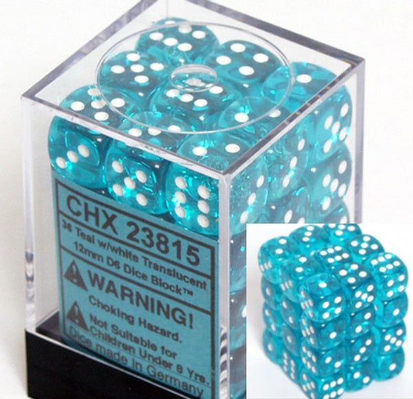 Dice Set - Translucent Teal / White 12mm d6 36ct