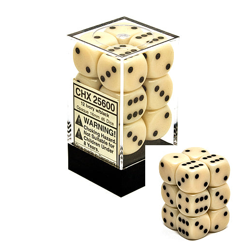 Dice Set - Opaque Ivory / Black 16mm d6 12ct