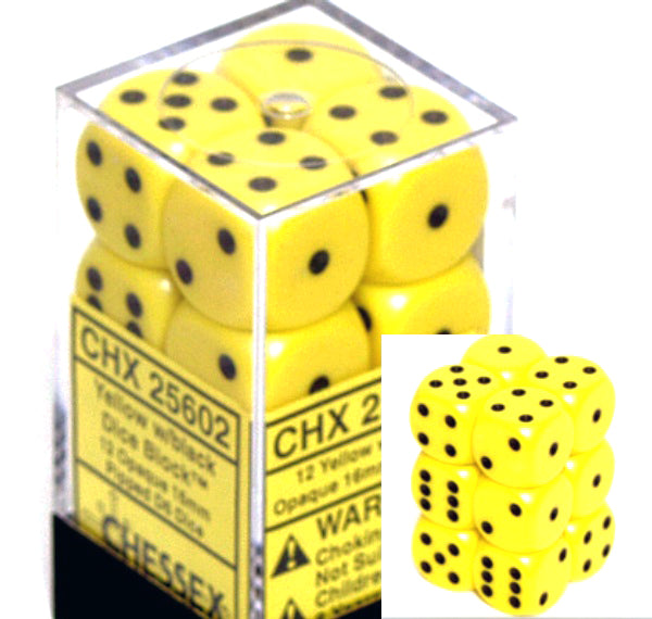Dice Set - Opaque Yellow / Black 16mm d6 12ct
