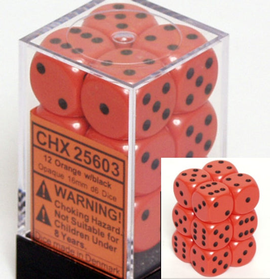 Dice Set - Opaque Orange / Black 16mm d6 12ct