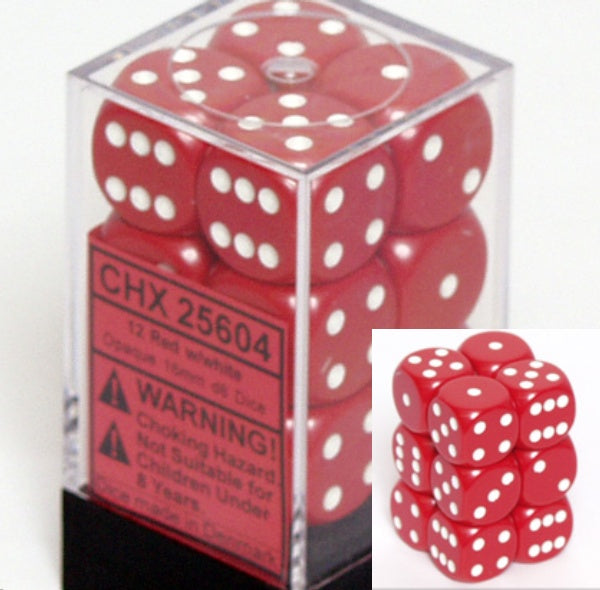 Dice Set - Opaque Red / White 16mm d6 12ct