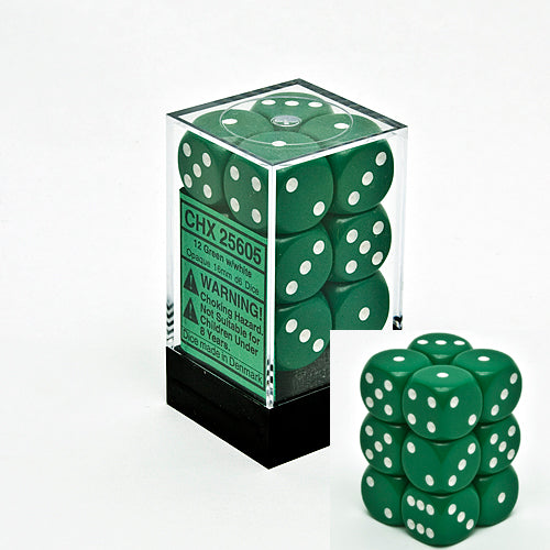 Dice Set - Opaque Green / White 16mm d6 12ct