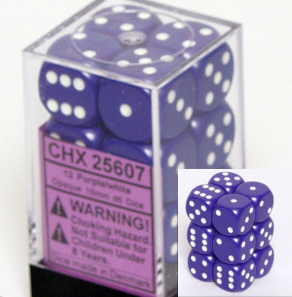 Dice Set - Opaque Purple / White 16mm d6 12ct