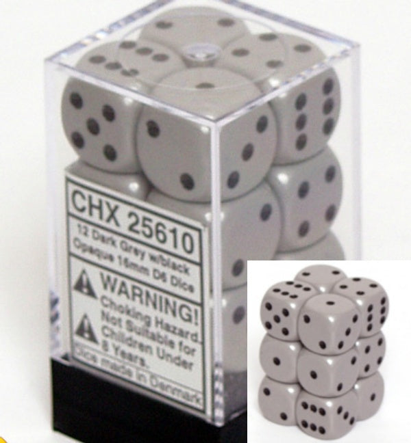 Dice Set - Opaque Grey / Black 16mm d6 12ct