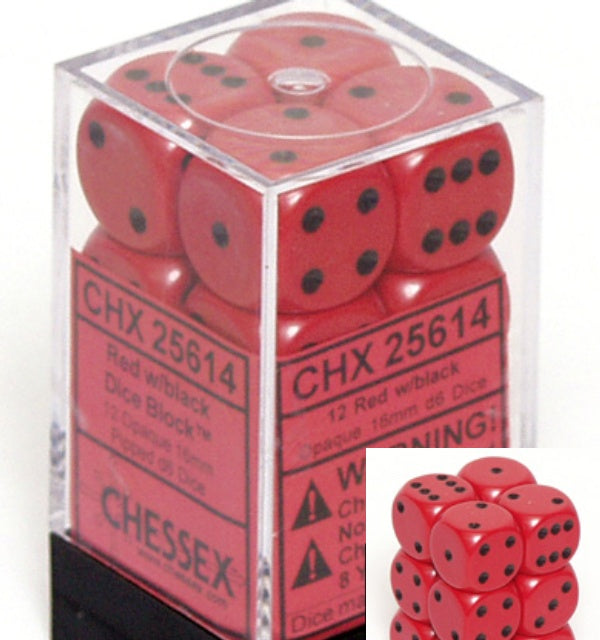 Dice Set - Opaque Red / Black 16mm d6 12ct