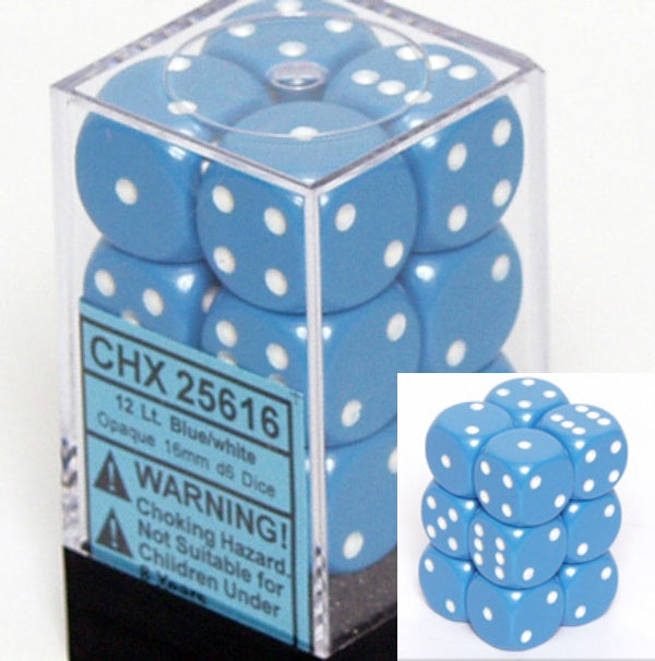 Dice Set - Opaque Light Blue / White 16mm d6 12ct