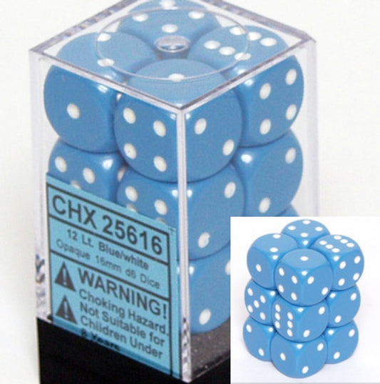 Dice Set - Opaque Light Blue / White 16mm d6 12ct