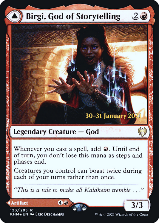 Birgi, God of Storytelling // Harnfel, Horn of Bounty (123) (Prerelease) (PKHM) - Foil