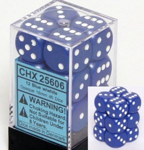 Dice Set - Opaque Blue / White 16mm d6 12ct