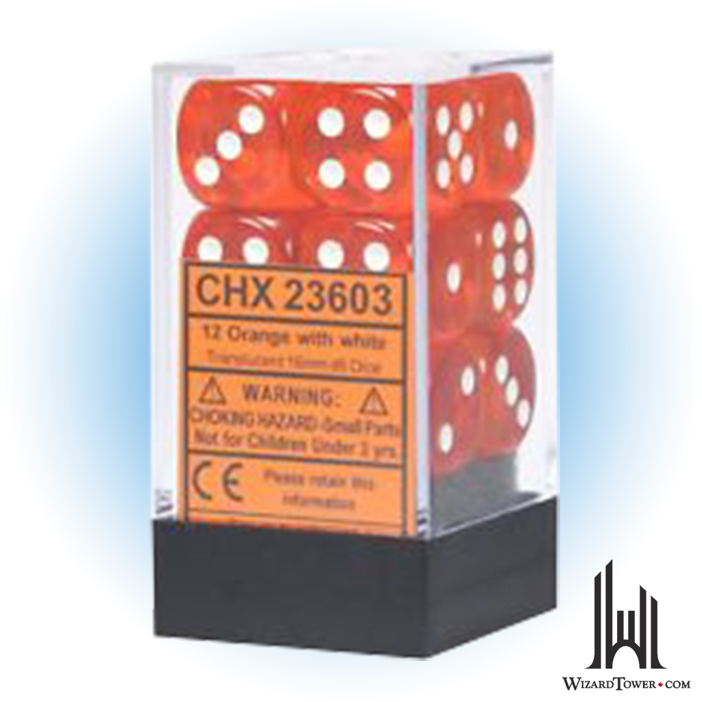 Dice Set - Translucent Orange / White 16mm d6 12ct