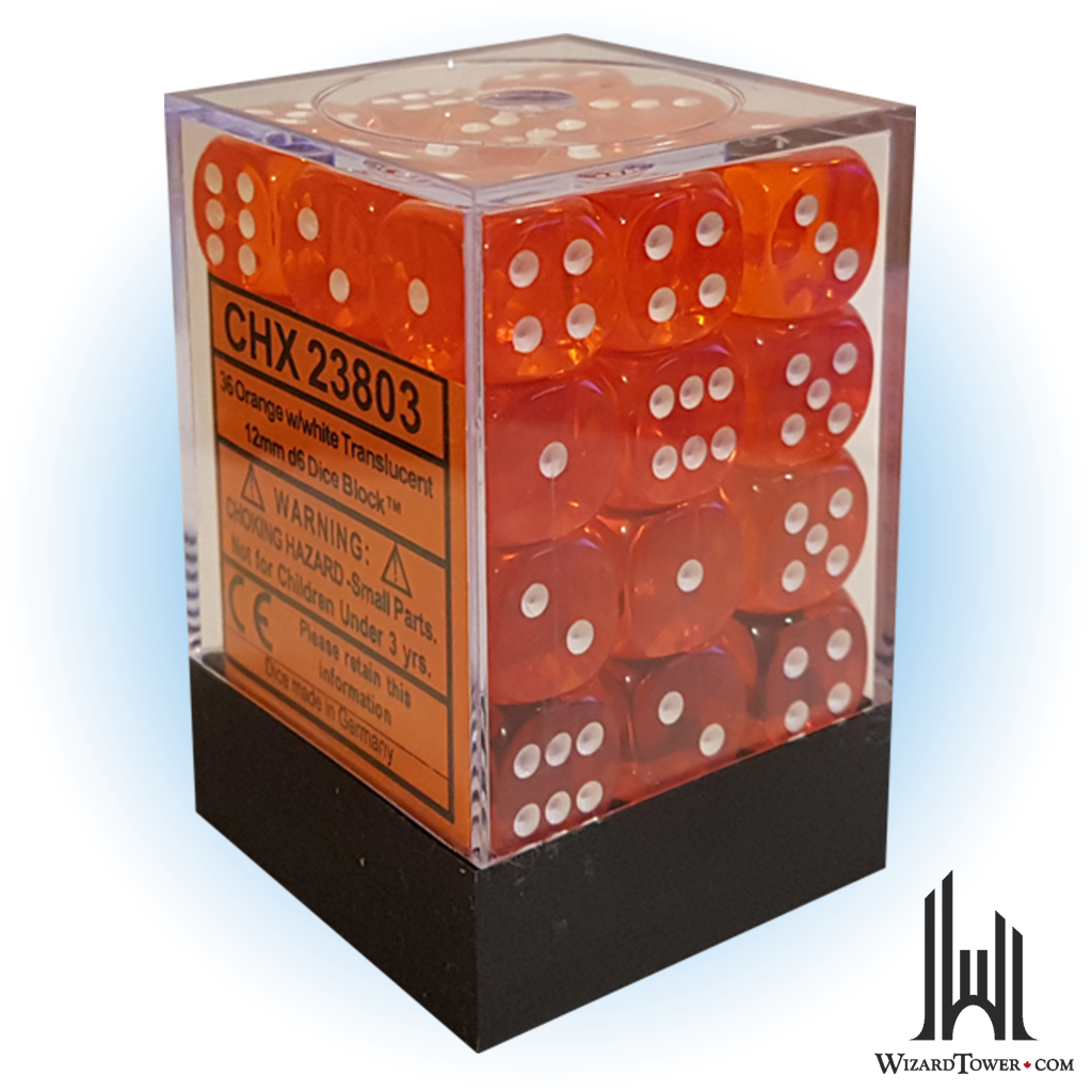 Dice Set - Translucent Orange / White 12mm d6 36ct
