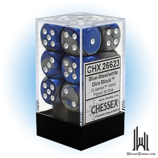 Dice Set - Gemini Blue-Steel / White 16mm d6 12ct