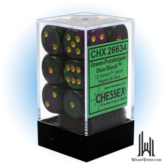 Dice Set - Gemini Green-Purple / Gold 16mm d6 12ct