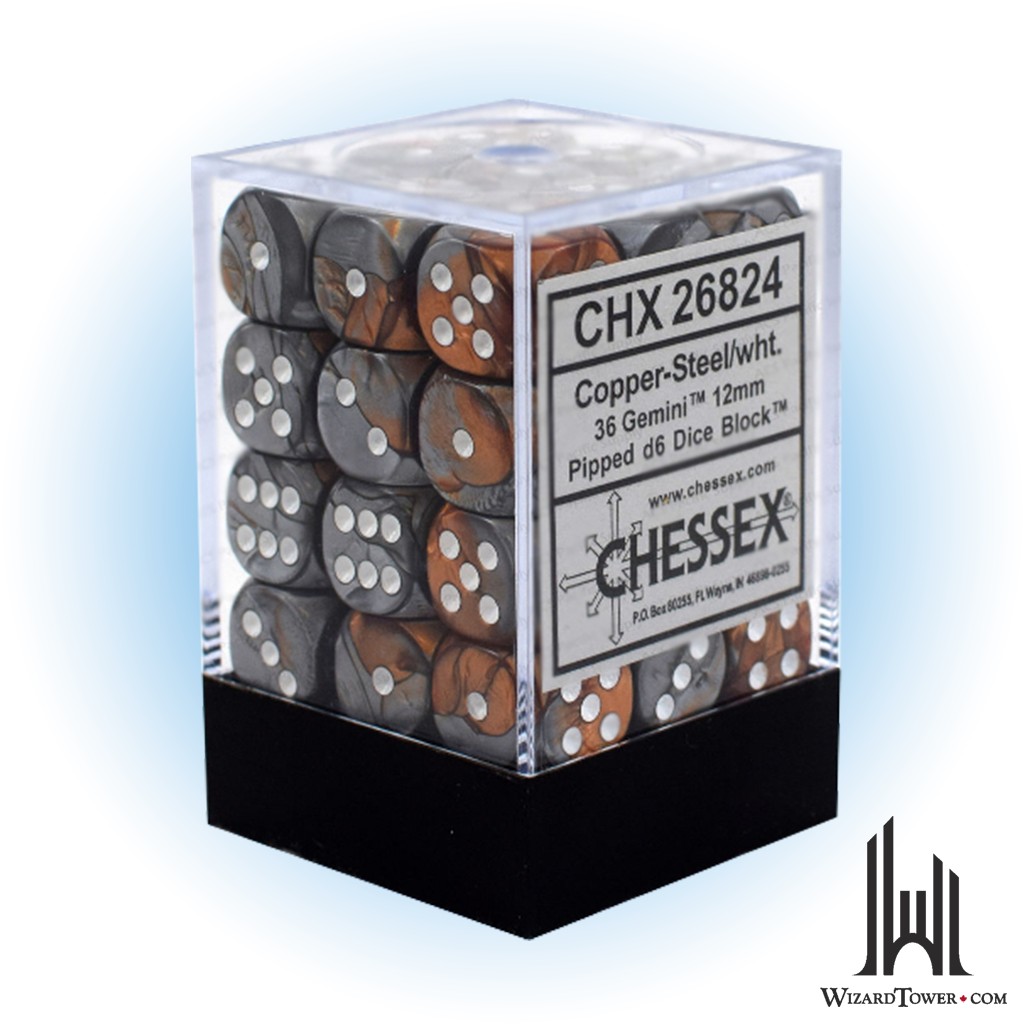 Dice Set - Gemini Copper-Steel / White 12mm d6 36ct
