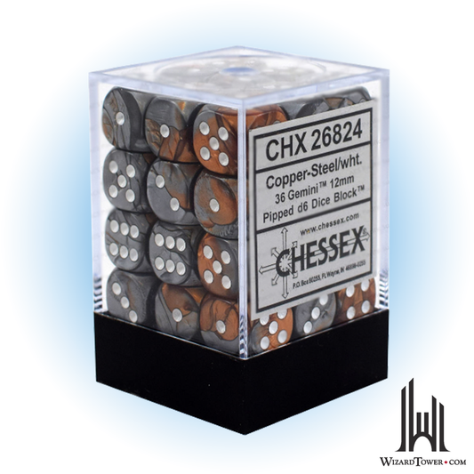 Dice Set - Gemini Copper-Steel / White 12mm d6 36ct
