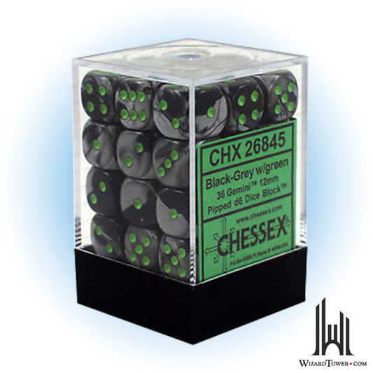 Dice Set - Gemini Black-Grey / Green 12mm d6 36ct