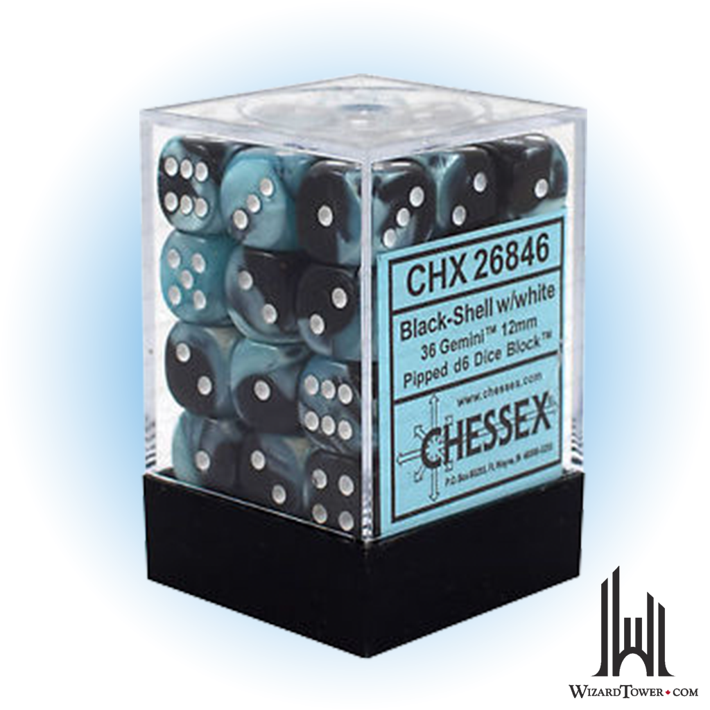 Dice Set - Gemini Black-Shell / White 12mm d6 36ct