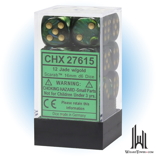 Dice Set - Scarab Jade / Gold 16mm d6 12ct
