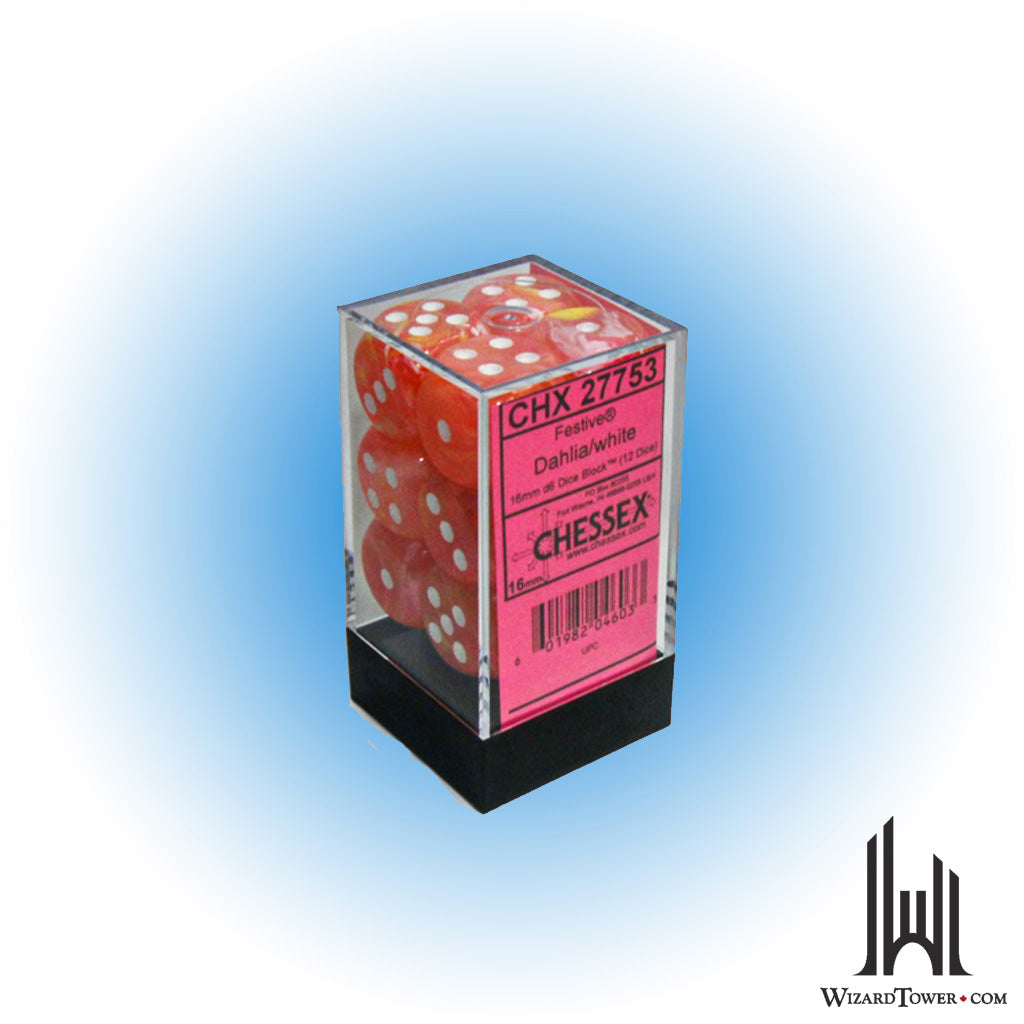 Dice Set - Festive Dahlia / White Luminary 16mm d6 12ct