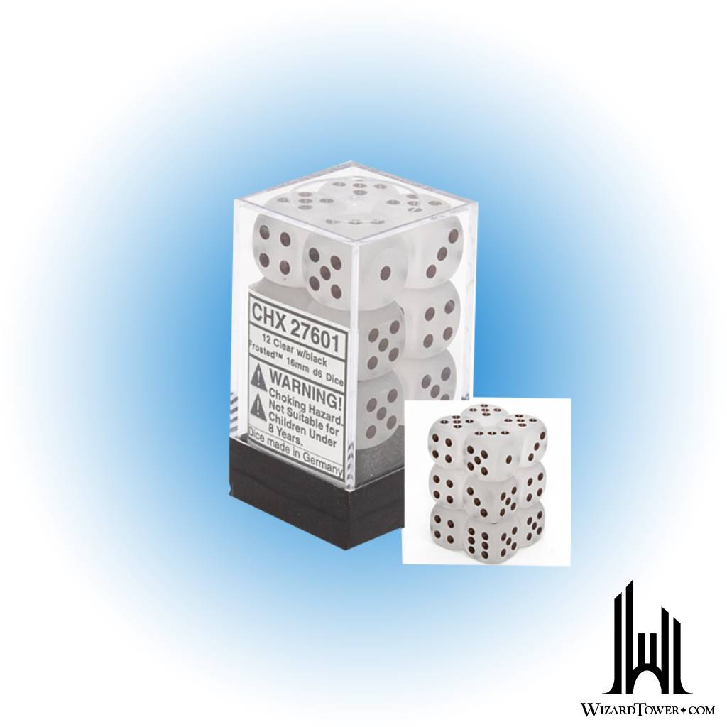 Dice Set - Frosted Clear / Black 16mm d6 12ct