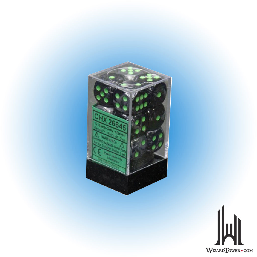 Dice Set - Gemini Black-Grey / Green 16mm d6 12ct