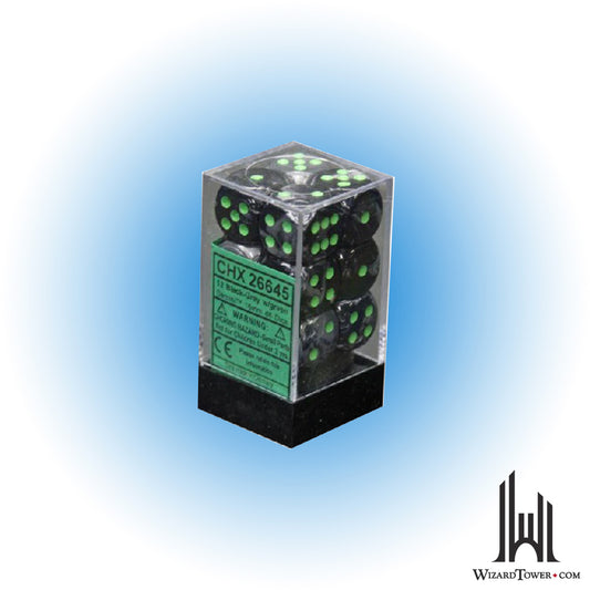 Dice Set - Gemini Black-Grey / Green 16mm d6 12ct