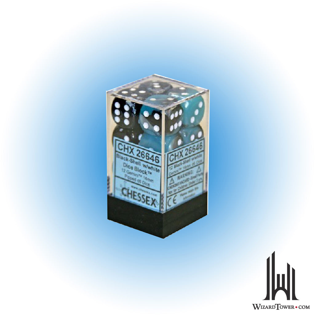 Dice Set - Gemini Black-Shell / White 16mm d6 12ct