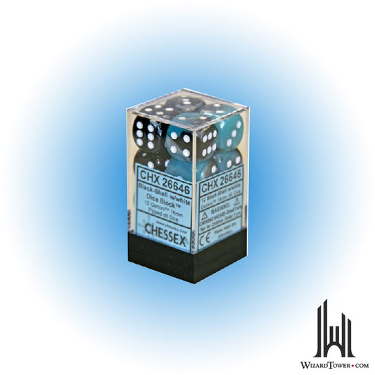 Dice Set - Gemini Black-Shell / White 16mm d6 12ct