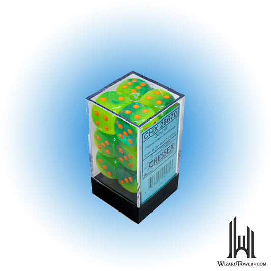 Dice Set - Gemini Plasma Green-Teal / Orange Luminary 16mm d6 12ct