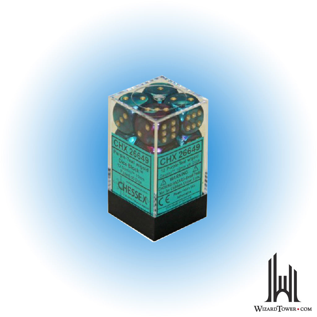 Dice Set - Gemini Purple-Teal / Gold 16mm d6 12ct
