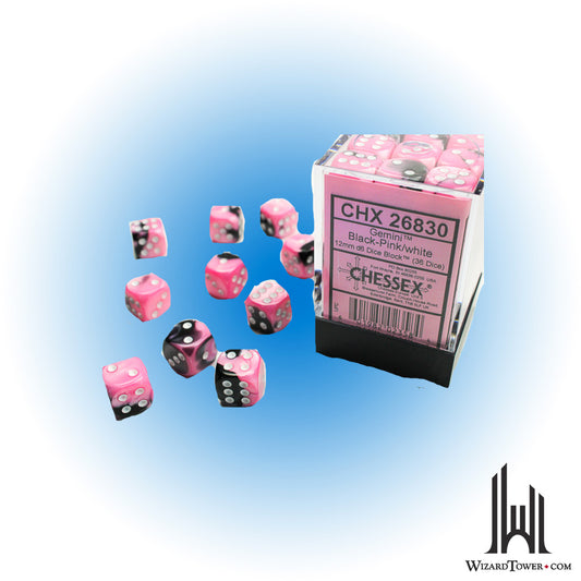 Dice Set - Gemini Black-Pink / White 12mm d6 36ct