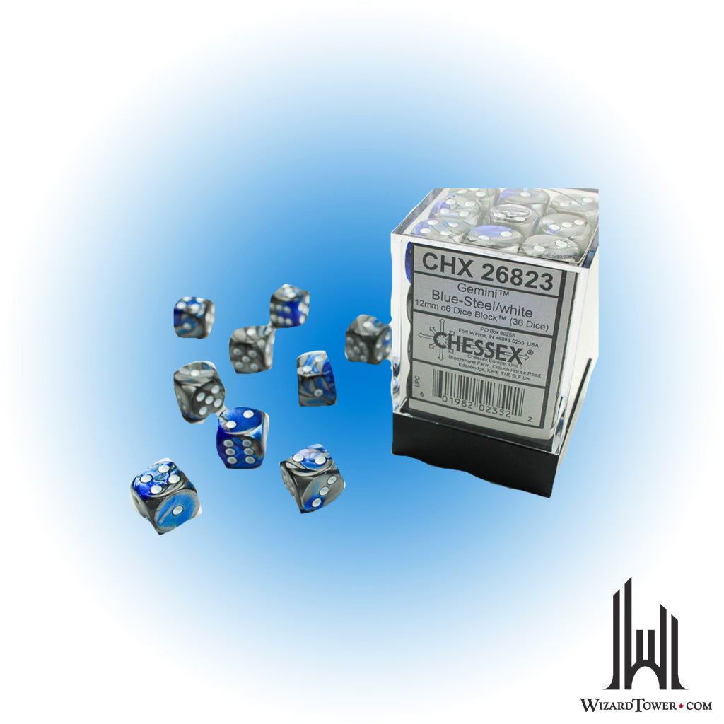 Dice Set - Gemini Blue-Steel / White 12mm d6 36ct