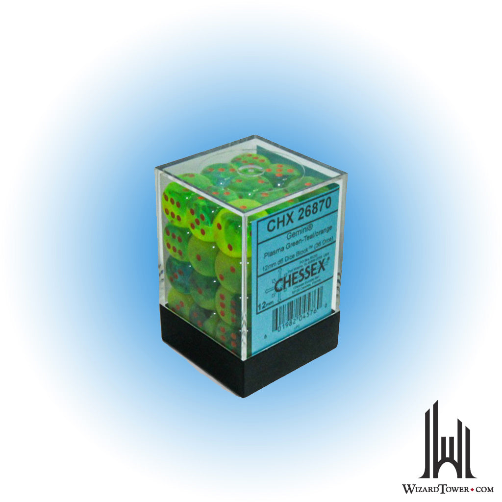 Dice Set - Gemini Plasma Green-Teal / Orange Luminary 12mm d6 36ct