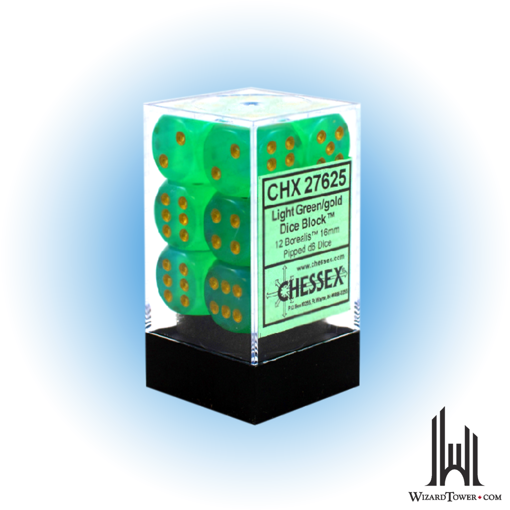 Dice Set - Borealis Light Green / Gold 16mm d6 12ct