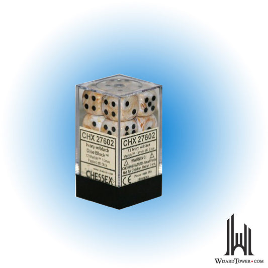 Dice Set - Marble Ivory / Black 12mm d6 12ct
