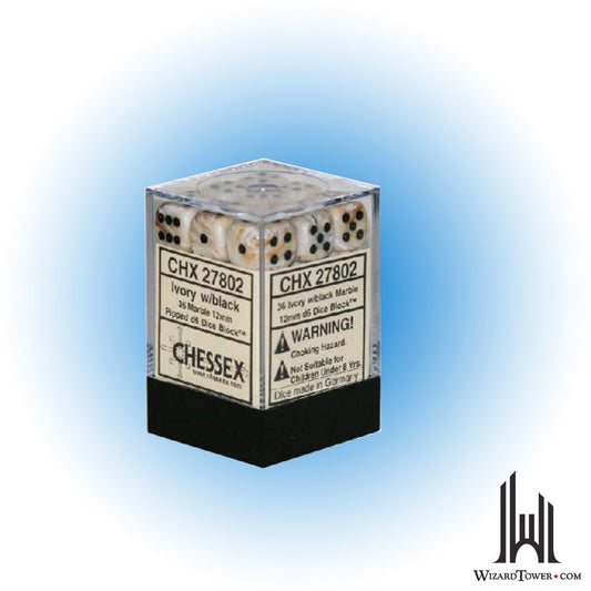 Dice Set - Marble Ivory / Black 12mm d6 36ct