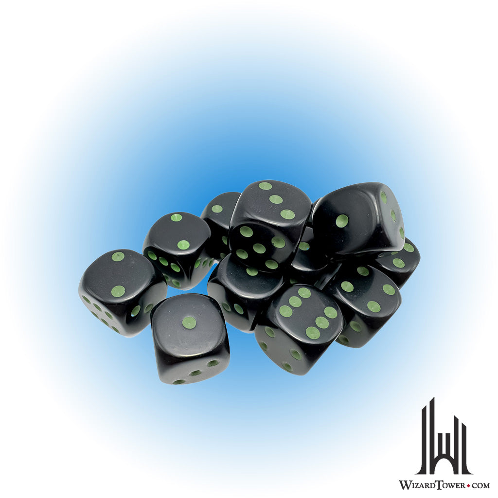 Dice Set - Opaque Black / Green 16mm d6 12ct