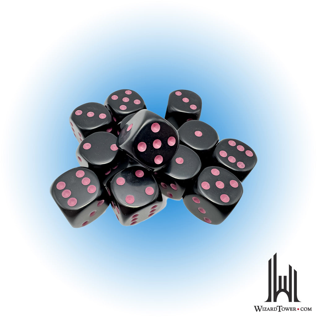 Dice Set - Opaque Black / Pink 16mm d6 12ct