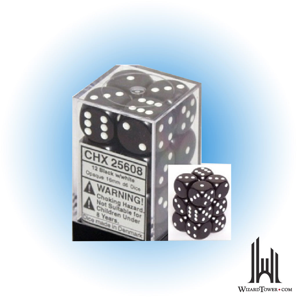 Dice Set - Opaque Black / White 16mm d6 12ct