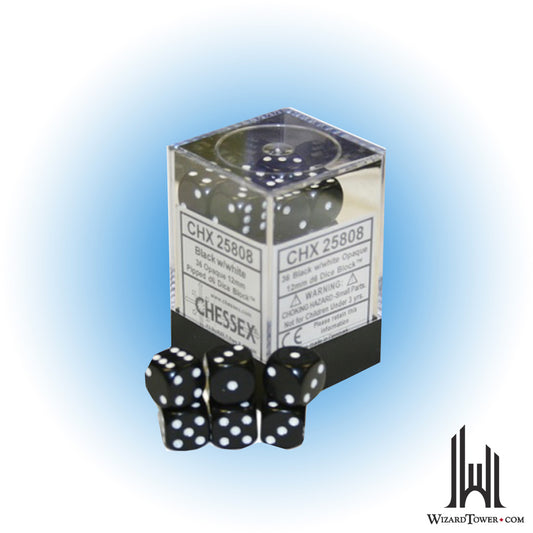 Dice Set - Opaque Black / White 12mm d6 36ct