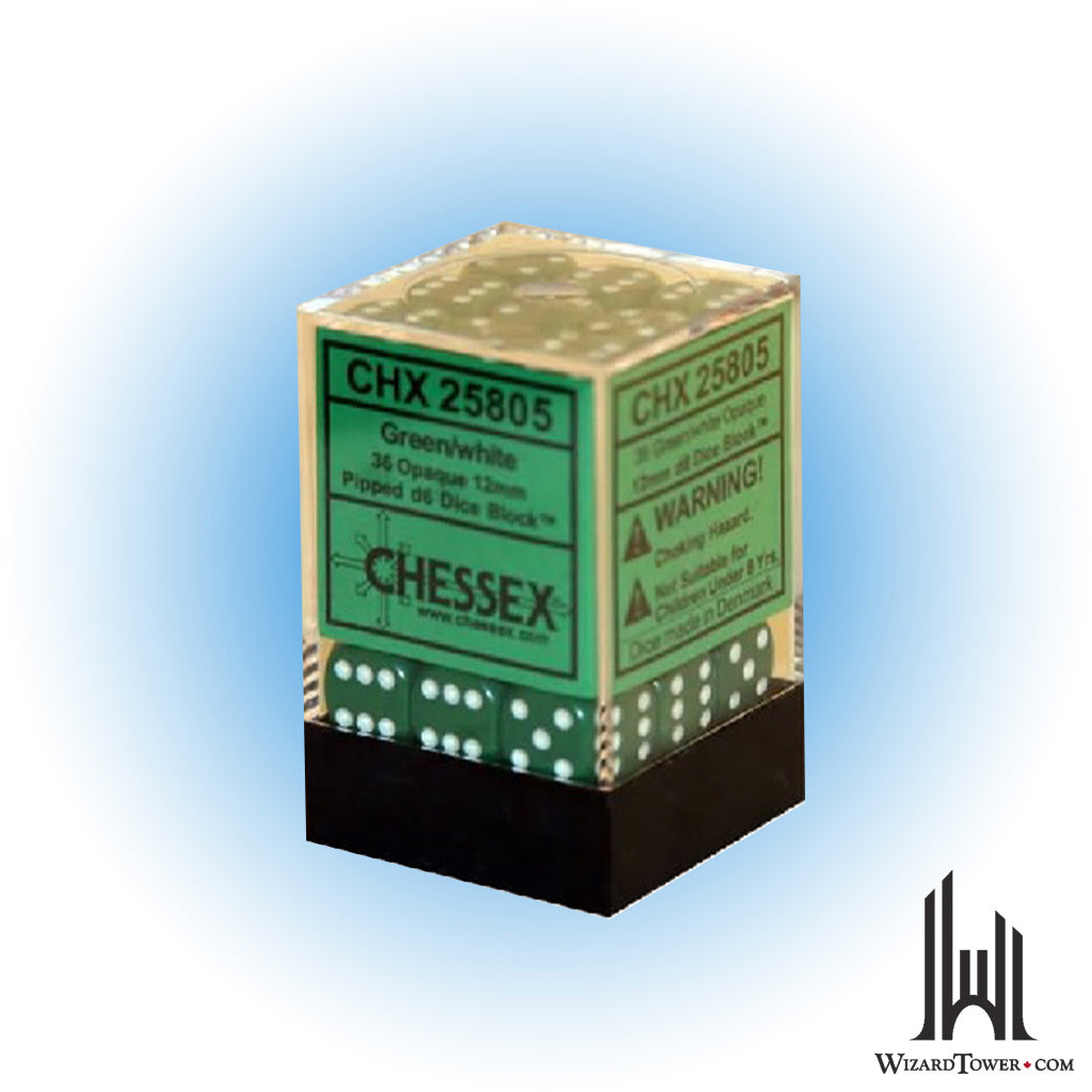 Dice Set - Opaque Green / White 12mm d6 36ct