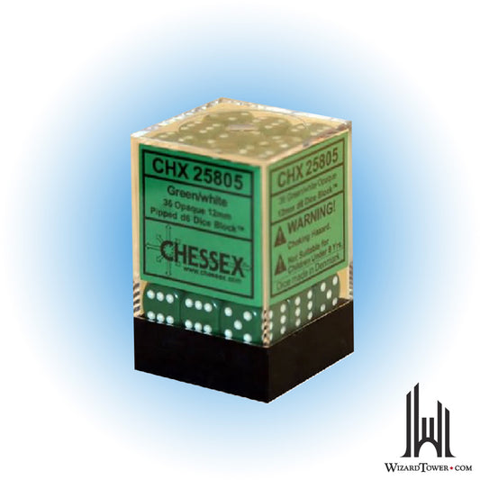 Dice Set - Opaque Green / White 12mm d6 36ct