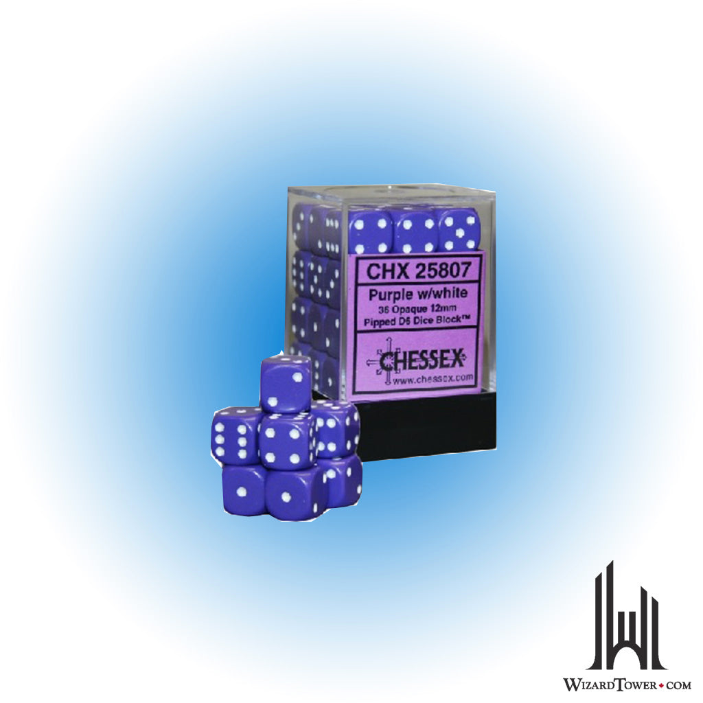 Dice Set - Opaque Purple / White 12mm d6 36ct