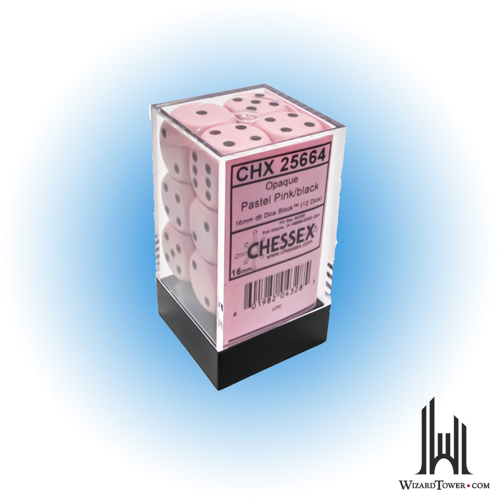 Dice Set - Opaque Pastel Pink / Black 16mm d6 12ct